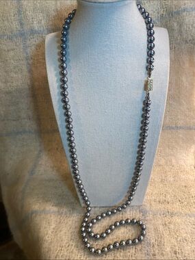Vintage 38” Silver Tone Glass Pearl Bead Necklace Rhinestone Clasp
